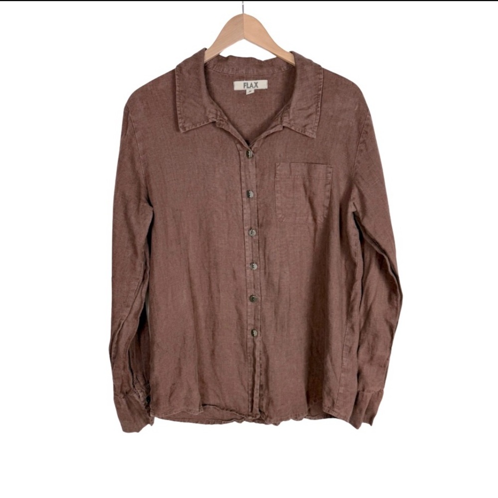 Flax 100% Linen Brown Oversized Button Down Shirt